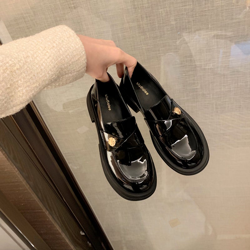 Grape Mom Studiolee British Style Genuine Leather Small Gold Coin Shoes Thick Heel Soft Bottom Thick Bottom Lefu Leather Shoes Women'S Autumn - Image 1
