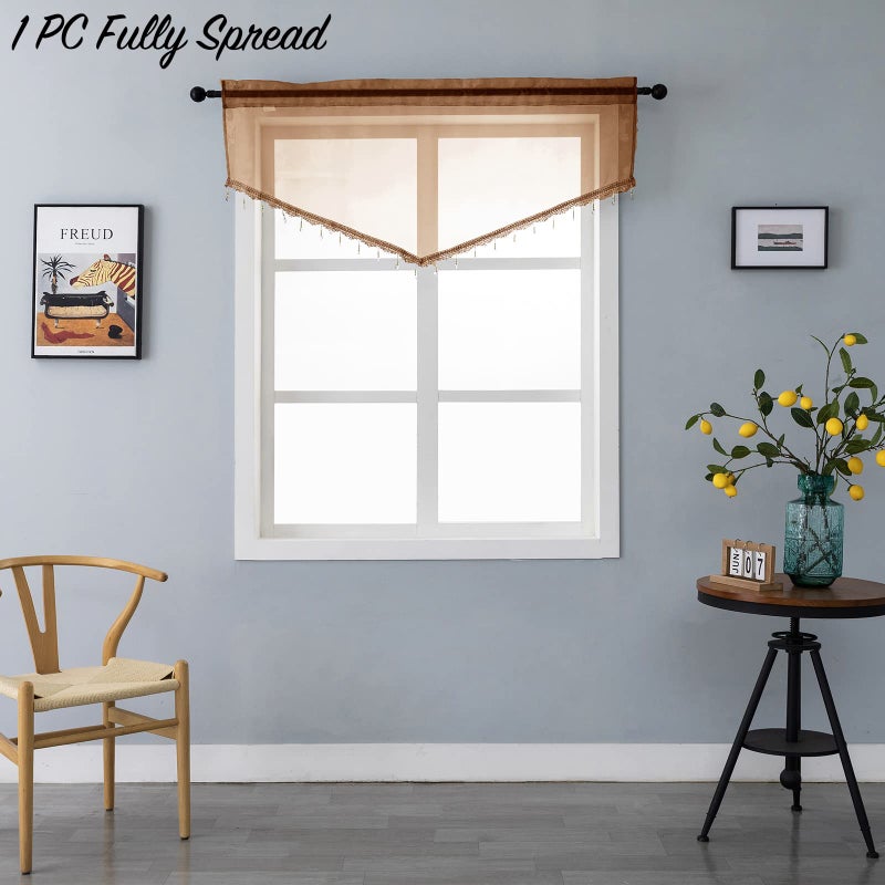 PearAge Beaded Sheer Valance Curtains for Living Room,Rod Pocket Farmhouse Window Valance, Bead Trim Tassel Voile Sheer Curtain Valance for Bedroom Bathroom Cafe 51x24 Inches (Brown) 1PC - Image 3