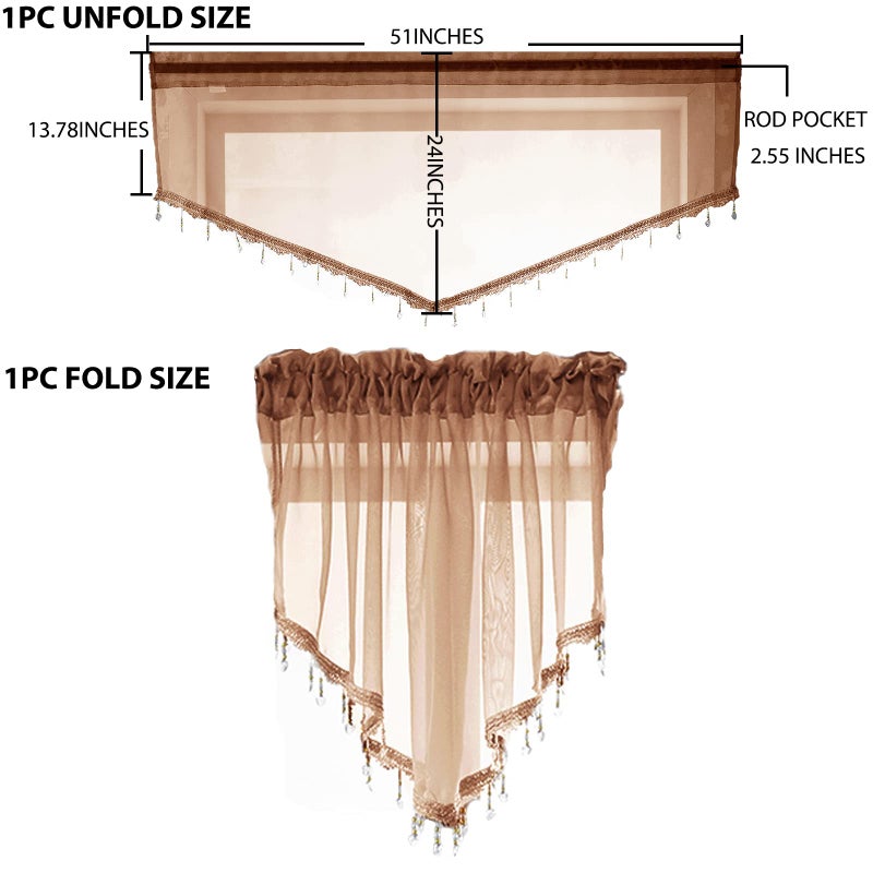 PearAge Beaded Sheer Valance Curtains for Living Room,Rod Pocket Farmhouse Window Valance, Bead Trim Tassel Voile Sheer Curtain Valance for Bedroom Bathroom Cafe 51x24 Inches (Brown) 1PC - Image 5