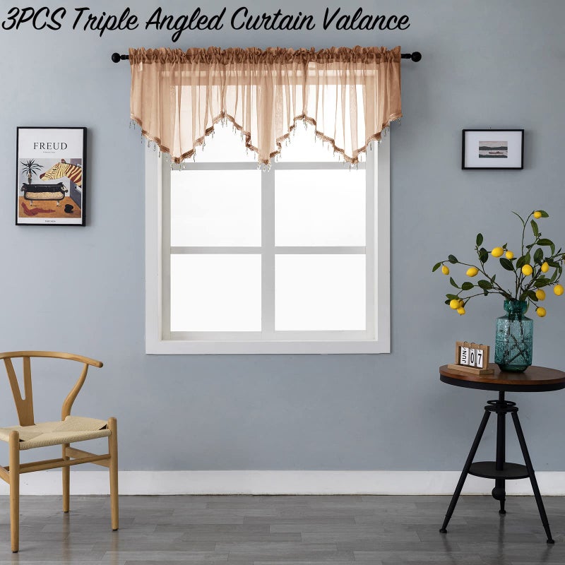 PearAge Beaded Sheer Valance Curtains for Living Room,Rod Pocket Farmhouse Window Valance, Bead Trim Tassel Voile Sheer Curtain Valance for Bedroom Bathroom Cafe 51x24 Inches (Brown) 1PC - Image 4