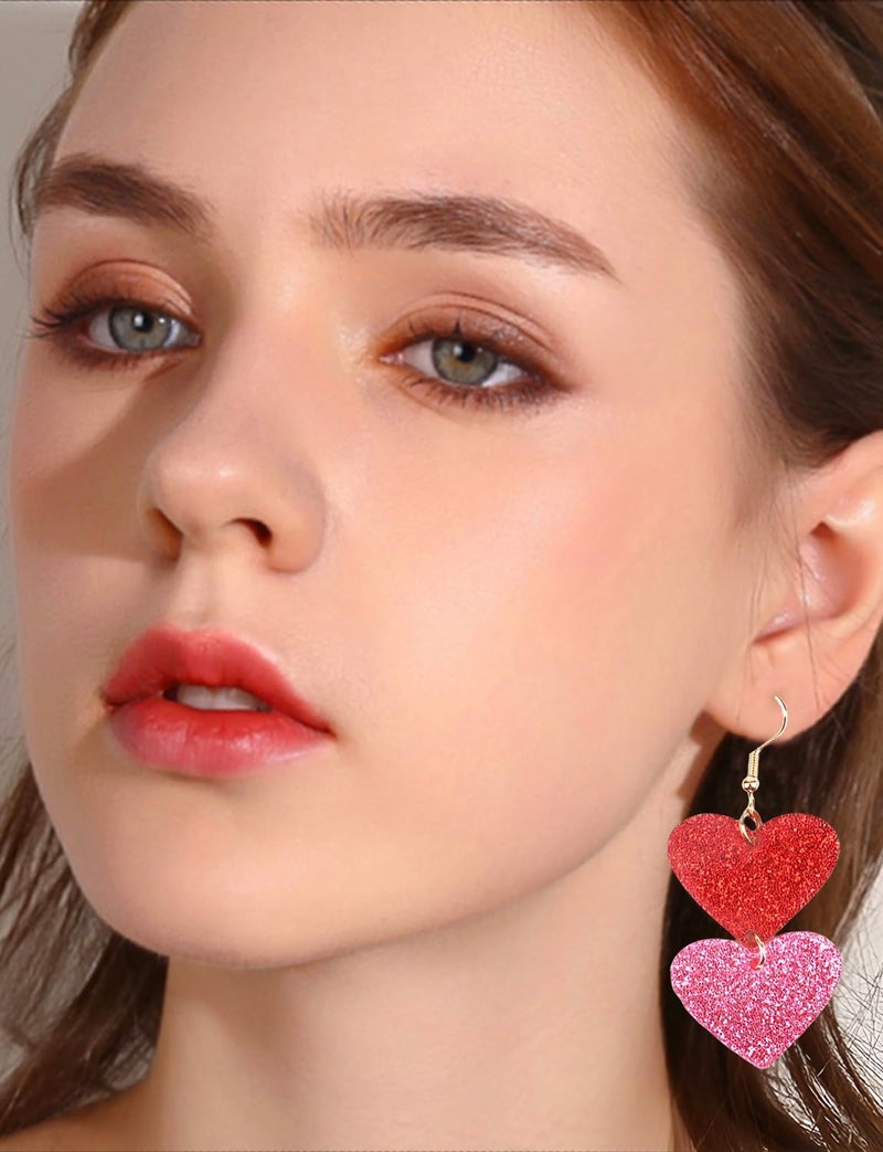 Cifudec Heart Earrings Dangle Valentine's Day Earrings Heart Earrings Cute Love Dangling Heart Earrings for Women (2 Hearts Red Pink) - Image 3