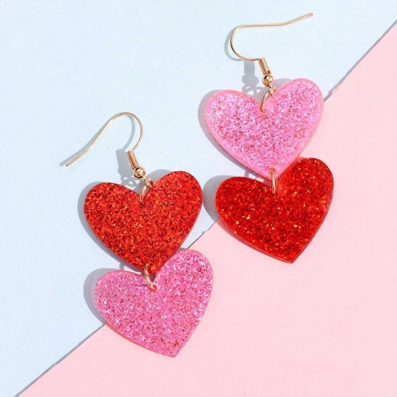 Cifudec Heart Earrings Dangle Valentine's Day Earrings Heart Earrings Cute Love Dangling Heart Earrings for Women (2 Hearts Red Pink) - Image 2