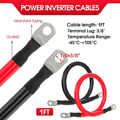 TUELETFU كابل بطارية قياس 1/0 AWG مع موصلات 3/8 بوصة لمحول الطاقة للسيارات البحرية RV والشاحنات والجرارات والدراجات النارية 2 قطعة (1 قدم) - Image 2