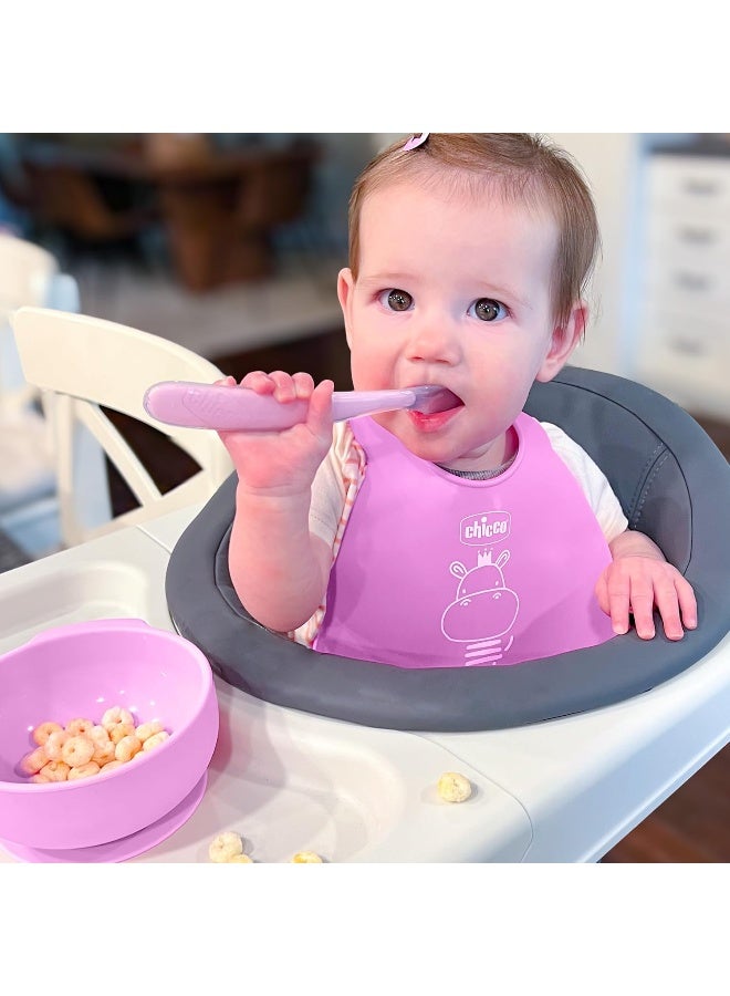 Chicco طقم تغذية سيكو إيزي ستارت من السيليكون | أطباق للتغذية الذاتية للأطفال | وعاء شفط | مريلة سيليكون قابلة للتعديل | ملعقة سيليكون ناعمة | خالية من BPA | طقم مكون من 3 قطع | وردي - Image 2