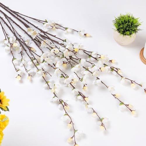 Ammyoo Artificial Faux Plants Flowers Indoor Spring Summer Decor, 4 Bundles Fake Silk Plum Blossom,Faux Silk Cherry Blossom Branches for Wedding Office Party Hotel Home Decor, Vase Not Included(White) - Image 5