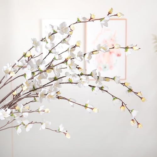Ammyoo Artificial Faux Plants Flowers Indoor Spring Summer Decor, 4 Bundles Fake Silk Plum Blossom,Faux Silk Cherry Blossom Branches for Wedding Office Party Hotel Home Decor, Vase Not Included(White) - Image 4