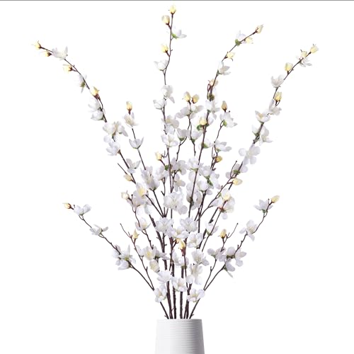 Ammyoo Artificial Faux Plants Flowers Indoor Spring Summer Decor, 4 Bundles Fake Silk Plum Blossom,Faux Silk Cherry Blossom Branches for Wedding Office Party Hotel Home Decor, Vase Not Included(White) - Image 1