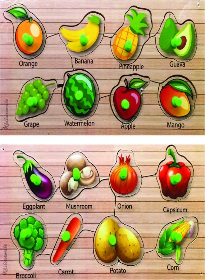 Khilonewale ~ Wooden Puzzle with Knobs Educational and Learning Toy for Kids (Fruits+Vegetable) - Image 1