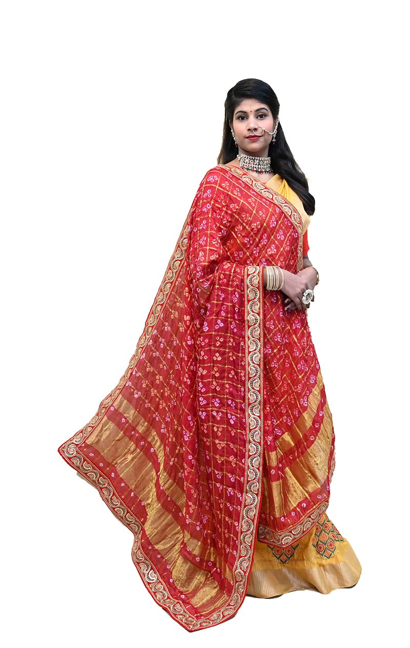RANISATIYA Marwadi Rajasthani Bandhani Odhana Pure Ghatchola Fabric Chunri & Piliya (Chunri (Red)) - Image 1