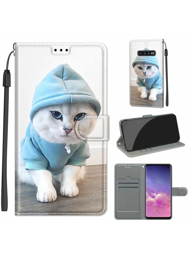Case Cover For Samsung Galaxy S10 Voltage Colored Drawing Magnetic Clasp Horizontal Flip PU Leather Case with Holder & Card Slots C15 Blue Sweater White Cat
