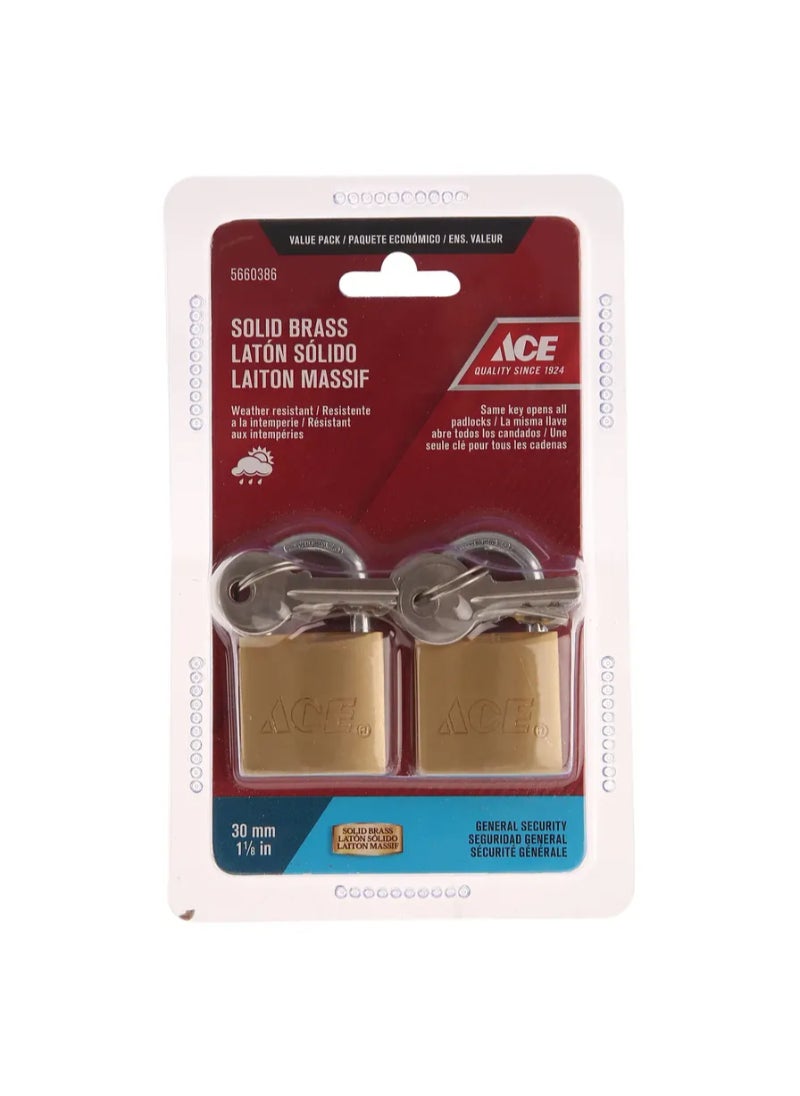 ACE ACE Solid Brass Padlock Pack 30mm 2Pcs 