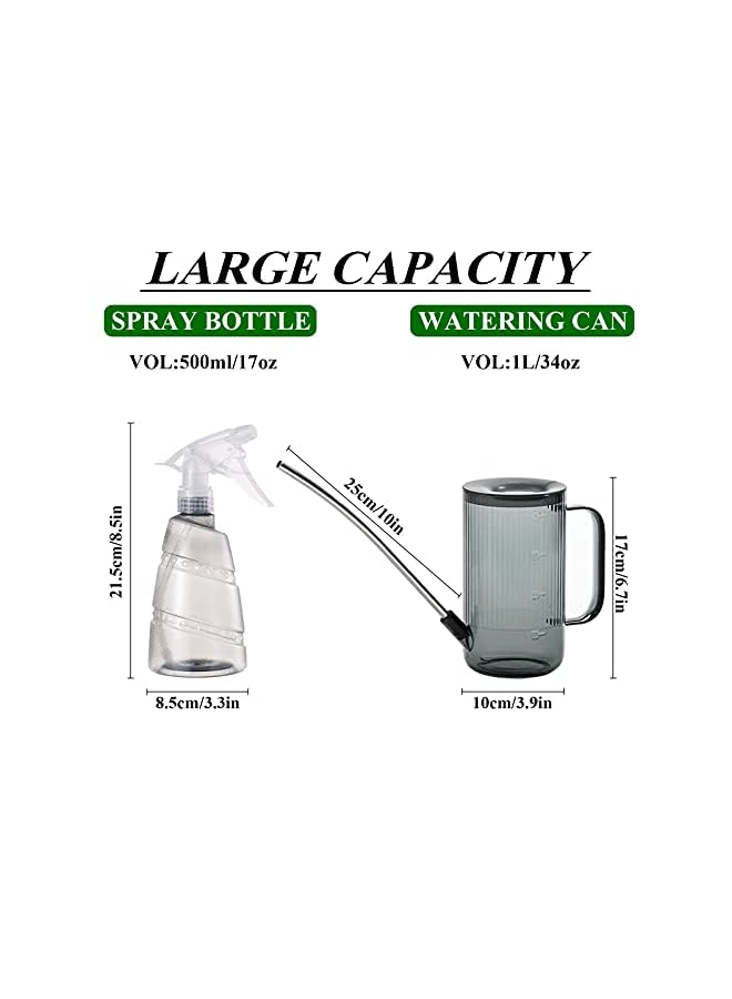 Qiccijoo Watering Can For Indoor Outdoor Plants 1L 34Oz With Stainless Steel Long Spout Bonus 500Ml 17Oz Spray Bottle For Watering Plants Flowers Succulents And Bonsai Grey - Image 2