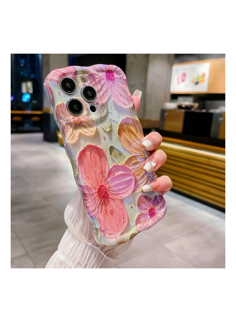 Zikra SuntownC for iPhone 15 Pro Max Case, Colorful Retro Oil Painting Flower Cute Curly Wave Border Floral Case for Women Girls, Camera Protection Soft Shockproof Cover Case for iPhone 15 Pro Max - Pink - Image 3