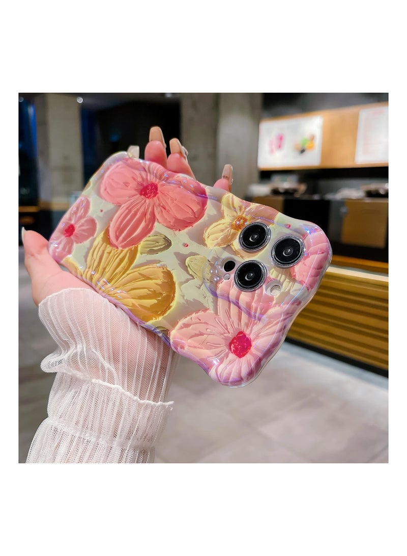 Zikra SuntownC for iPhone 15 Pro Max Case, Colorful Retro Oil Painting Flower Cute Curly Wave Border Floral Case for Women Girls, Camera Protection Soft Shockproof Cover Case for iPhone 15 Pro Max - Pink - Image 2