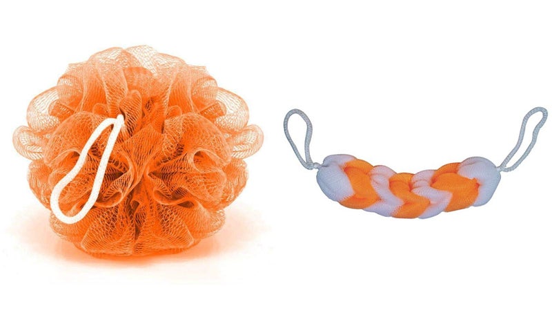 KRIWIN Mesh 1pc Orange Bath Loofah and 1pc Orange & White Sponge Scrub for Back(orangeloofahorangewhitescrub) - Image 1