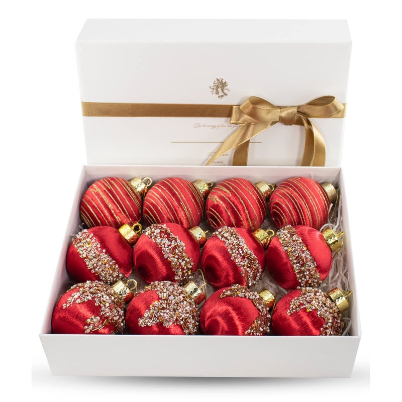 12 Pcs Satin Christmas Ball Ornaments Silk Tree Hanging Decor for Xmas Wreath Garland Holiday Wedding Party Red