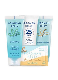 BERGMAN KELLY Hotel Toiletries Bundle (Tropical Waterfall 1 Oz Each 100 Pcs) 4Piece Set: 25 Rectangular Bar Soap 25 Shampoo 25 Conditioner & 25 Body Lotion Bulk Mini Guest Amenities Supply  - Image 2