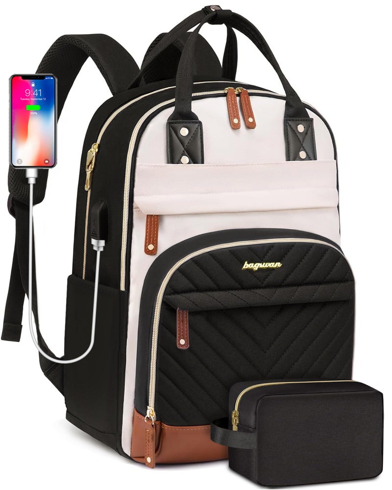 Bagswan Backpack For Women 15.6 Inch Laptop Backpack Work Business Backpacks Purse Waterproof Computer College Backpacks Nurse Bag Backbag 2 Sets Casual Daypack For Travel Black - Image 1