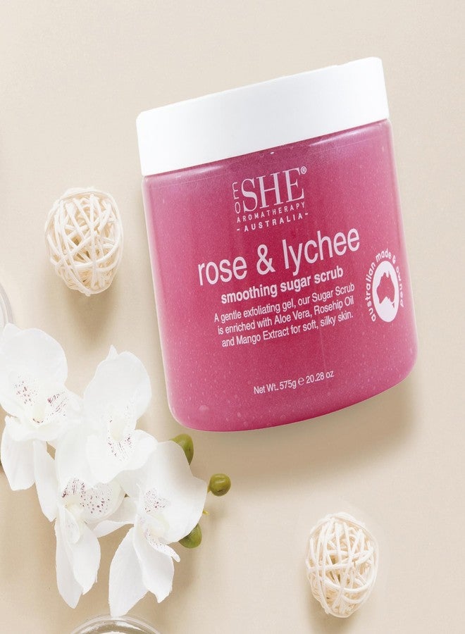 OM SHE Aromatherapy Rose & Lychee Sugar Scrub 20.28oz - Exfoliating Body Scrub, Natural Sugar, Micro Bead Free, Rosehip Oil. Australian made. - Image 3