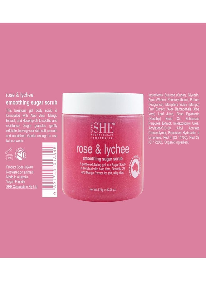 OM SHE Aromatherapy Rose & Lychee Sugar Scrub 20.28oz - Exfoliating Body Scrub, Natural Sugar, Micro Bead Free, Rosehip Oil. Australian made. - Image 2
