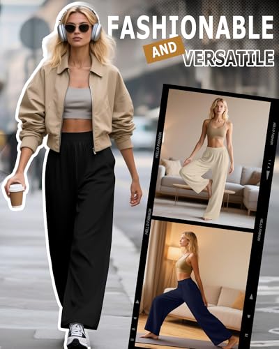 Huukeay 3 Pack Women's Lounge Pants, Cozy Wide Leg Lounge Slacks with Pockets Loose Flowy Yoga Sweatpant Workout Comfy Jogger(Black, Navy Blue, Apricot,Large) - Image 2