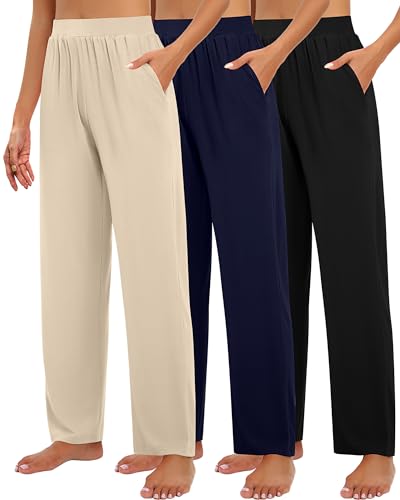 Huukeay 3 Pack Women's Lounge Pants, Cozy Wide Leg Lounge Slacks with Pockets Loose Flowy Yoga Sweatpant Workout Comfy Jogger(Black, Navy Blue, Apricot,Large) - Image 5