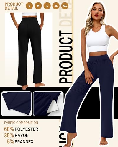 Huukeay 3 Pack Women's Lounge Pants, Cozy Wide Leg Lounge Slacks with Pockets Loose Flowy Yoga Sweatpant Workout Comfy Jogger(Black, Navy Blue, Apricot,Large) - Image 3