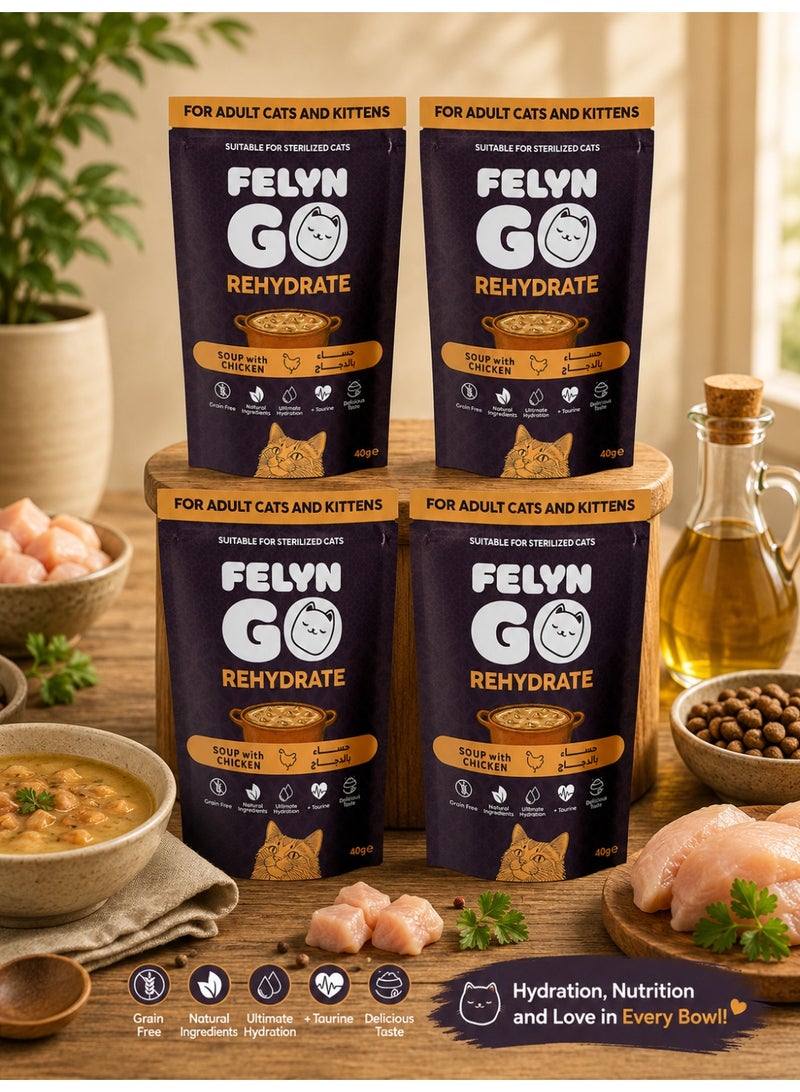 Felyn GO Chicken Soup for Adult Cats & Kittens – 4 Pack Wet Cat Soup – Grain Free Hydration Treat with Taurine – Suitable for Sterilized Cats (40g × 4) - Image 1