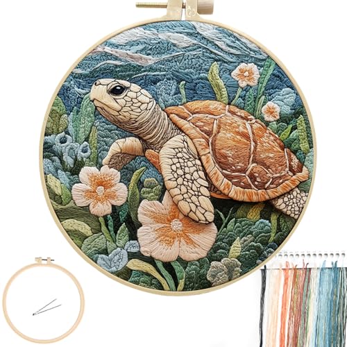 FONNUY Sea Turtle Floral Embroidery Kit Cross Stitch Kits for Beginners Handmade Crafts with Printed Patterns for Adults Easy to Follow Color Thread Needlework 8 Hoop Turtle and Flowers - Image 1