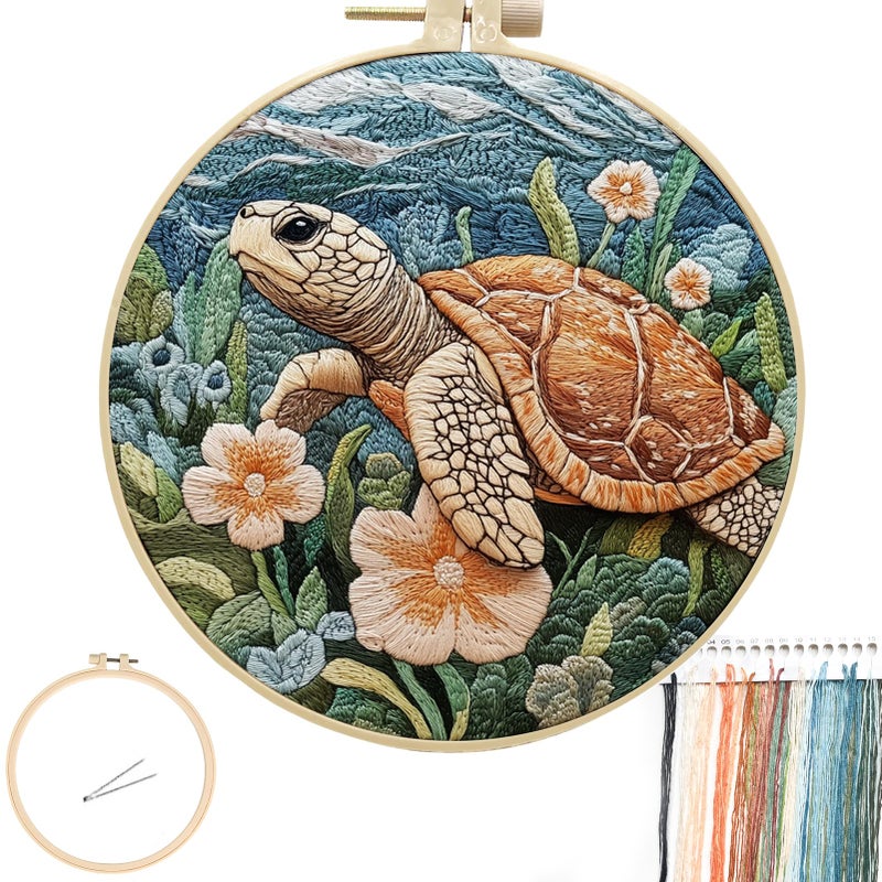 FONNUY Sea Turtle Floral Embroidery Kit Cross Stitch Kits for Beginners Handmade Crafts with Printed Patterns for Adults Easy to Follow Color Thread Needlework 8 Hoop Turtle and Flowers - Image 3
