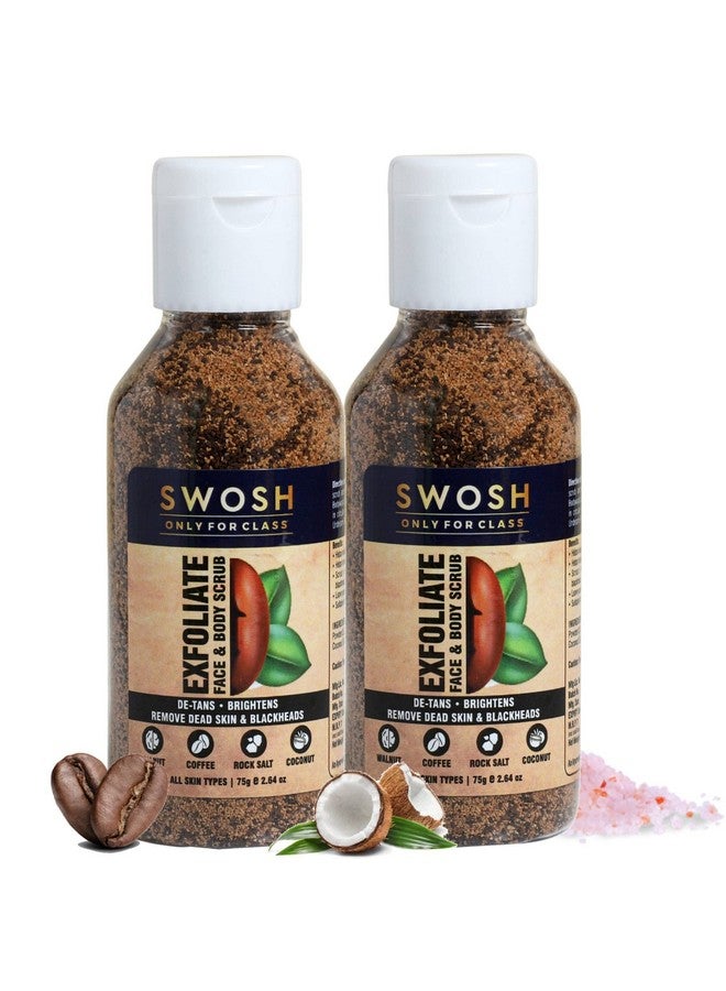 SWOSH 100% Vegan Exfoliate Face Body Scrub For Bathing Skin Exfoliating Tan Removal 75G(Pack Of 2) Coffee Scrub For Body & Face Whitening Natural Coffee Walnut Coconut Oil & Rock Salt 150 G - Image 1