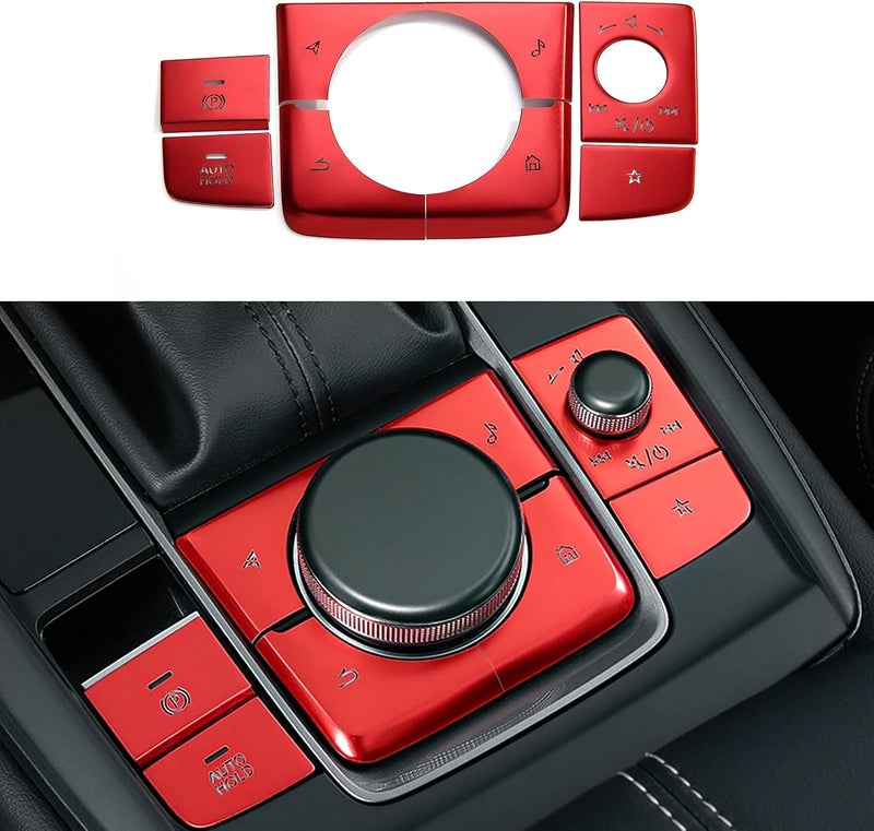 ANFOKAS لمازدا 3 CX-30 CX-50 غطاء وحدة التحكم المركزية للسيارة لوحة التروس غطاء زر مقبض ناقل الحركة زينة داخلية رياضية للسيارة - أحمر (8 قطع) تصميم متكامل - Image 1