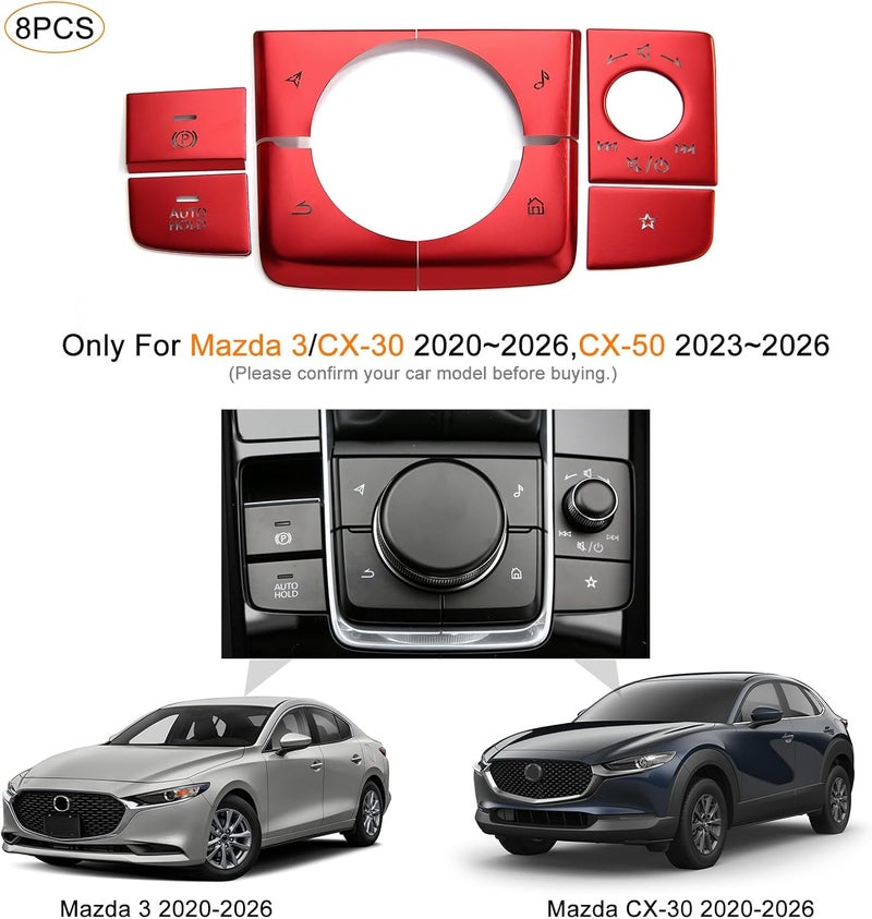ANFOKAS لمازدا 3 CX-30 CX-50 غطاء وحدة التحكم المركزية للسيارة لوحة التروس غطاء زر مقبض ناقل الحركة زينة داخلية رياضية للسيارة - أحمر (8 قطع) تصميم متكامل - Image 2