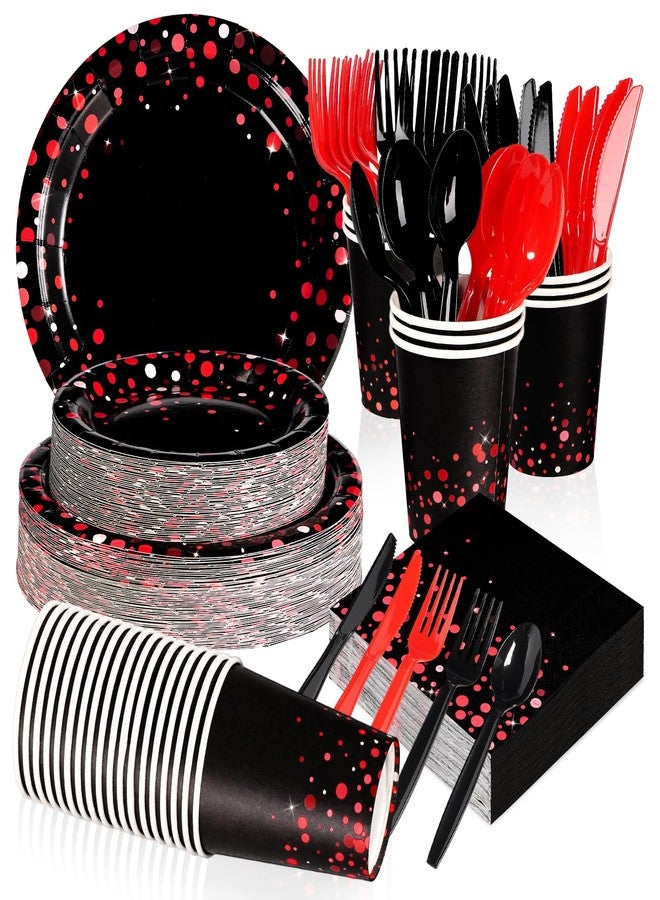 Grencian 560Pcs Black and Red Party Decorations for 80 Guests Red Dot on Black Plates Napkins Cups Forks Knives Spoons Disposable Paper Tableware for Birthday Wedding Baby Shower Halloween Party Supplies - Image 1