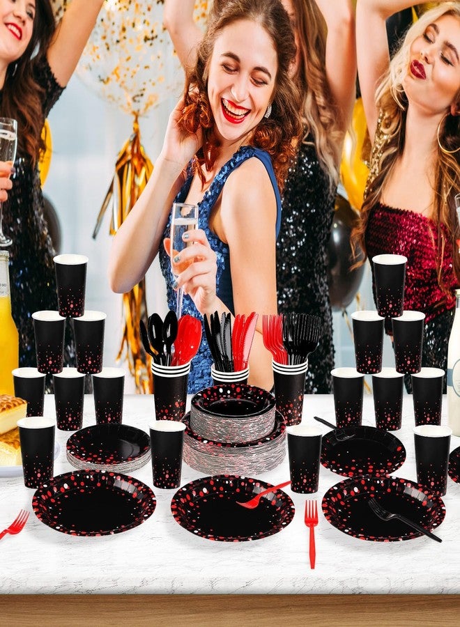 Grencian 560Pcs Black and Red Party Decorations for 80 Guests Red Dot on Black Plates Napkins Cups Forks Knives Spoons Disposable Paper Tableware for Birthday Wedding Baby Shower Halloween Party Supplies - Image 4