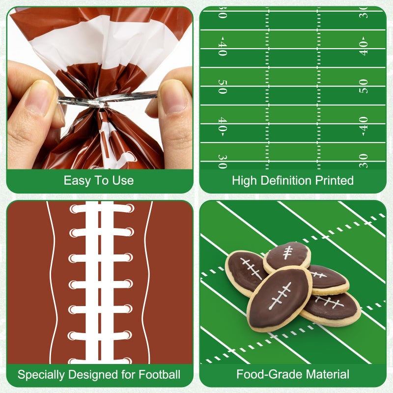 Litmitfu 100 Pcs Football Goodie Bags - Brown Green Football Treat Bags, Plastic Rugby Sport Cellophane Snack Gift Candy Goody Bag with Silver Twist Ties for Sports Team Events Birthday Party Favors Supplies - Image 5
