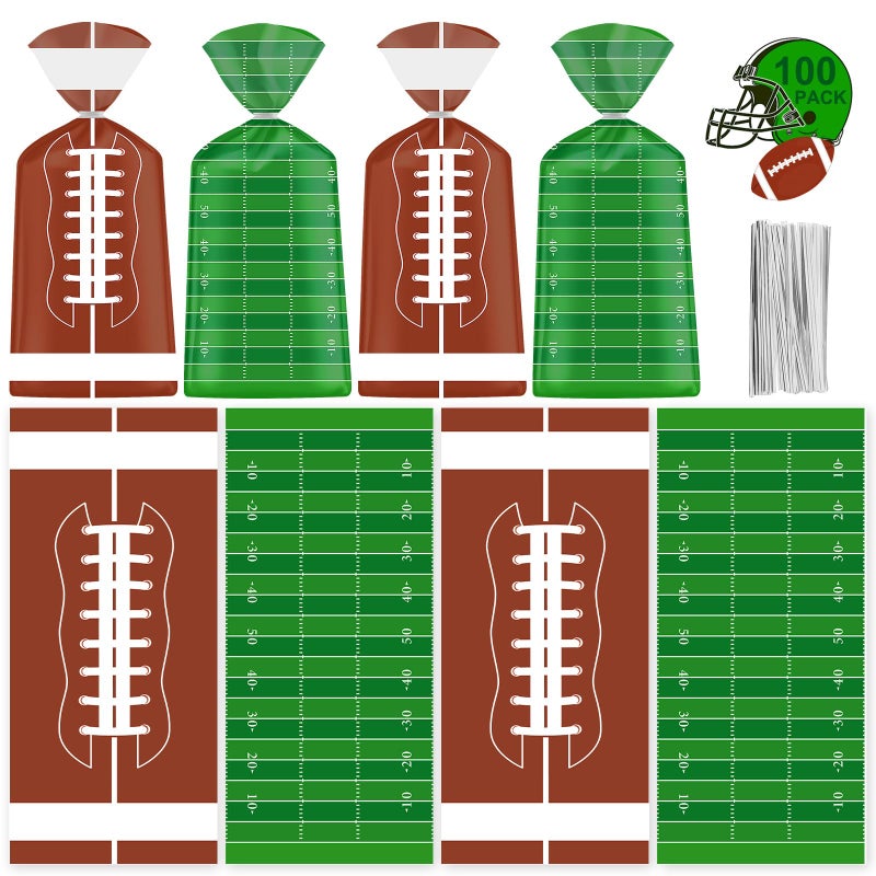 Litmitfu 100 Pcs Football Goodie Bags - Brown Green Football Treat Bags, Plastic Rugby Sport Cellophane Snack Gift Candy Goody Bag with Silver Twist Ties for Sports Team Events Birthday Party Favors Supplies - Image 1