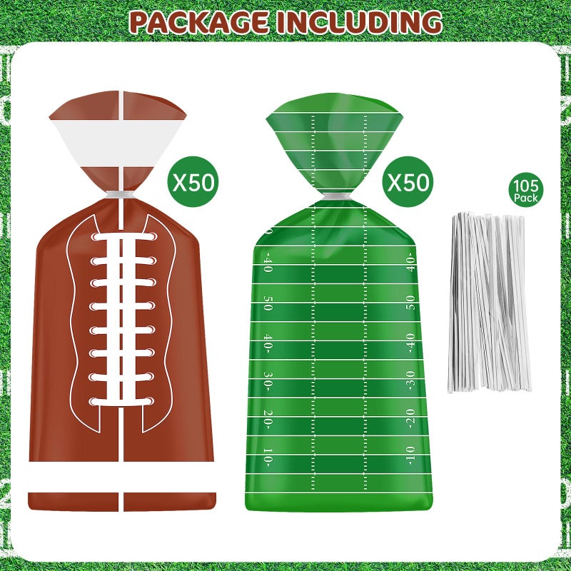 Litmitfu 100 Pcs Football Goodie Bags - Brown Green Football Treat Bags, Plastic Rugby Sport Cellophane Snack Gift Candy Goody Bag with Silver Twist Ties for Sports Team Events Birthday Party Favors Supplies - Image 3