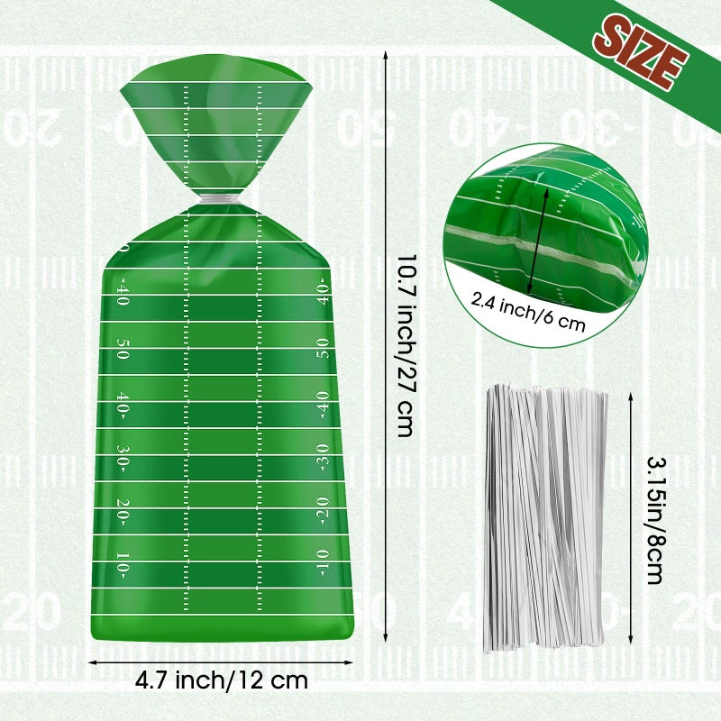 Litmitfu 100 Pcs Football Goodie Bags - Brown Green Football Treat Bags, Plastic Rugby Sport Cellophane Snack Gift Candy Goody Bag with Silver Twist Ties for Sports Team Events Birthday Party Favors Supplies - Image 4