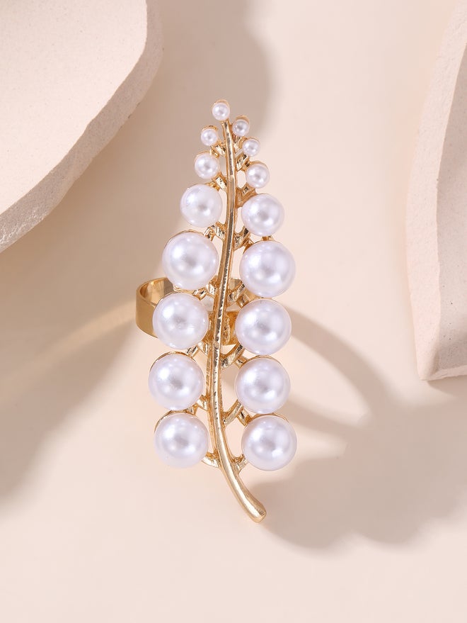 Take Two Embellished Faux Pearl Leaf Ring - Image 1