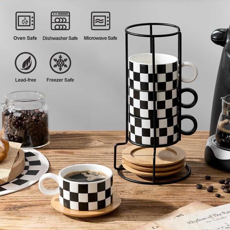 LUKA 6 Ounce Ceramic Stackable Black and White Checkered Espresso Cups with Saucers and Metal Stand Set of 4, Cappuccino Cups Set for Coffee Drinks, Latte, Cafe Mocha and Tea, White Interior - Image 4