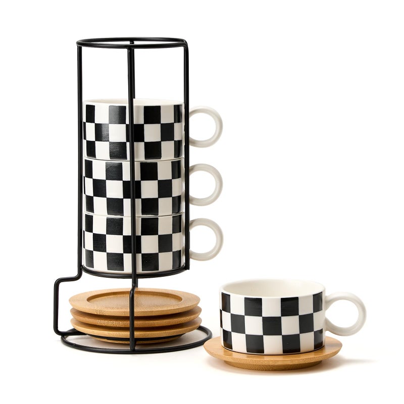 LUKA 6 Ounce Ceramic Stackable Black and White Checkered Espresso Cups with Saucers and Metal Stand Set of 4, Cappuccino Cups Set for Coffee Drinks, Latte, Cafe Mocha and Tea, White Interior - Image 1