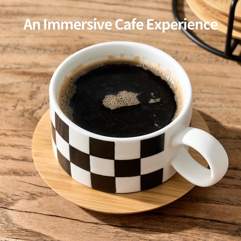 LUKA 6 Ounce Ceramic Stackable Black and White Checkered Espresso Cups with Saucers and Metal Stand Set of 4, Cappuccino Cups Set for Coffee Drinks, Latte, Cafe Mocha and Tea, White Interior - Image 3