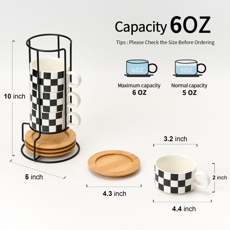 LUKA 6 Ounce Ceramic Stackable Black and White Checkered Espresso Cups with Saucers and Metal Stand Set of 4, Cappuccino Cups Set for Coffee Drinks, Latte, Cafe Mocha and Tea, White Interior - Image 2