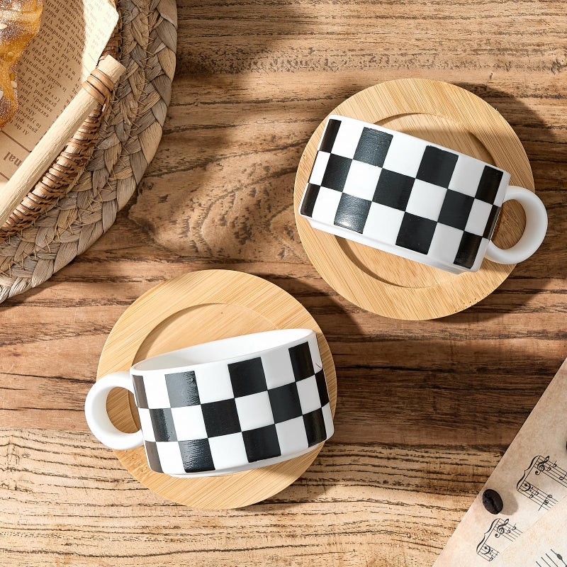 LUKA 6 Ounce Ceramic Stackable Black and White Checkered Espresso Cups with Saucers and Metal Stand Set of 4, Cappuccino Cups Set for Coffee Drinks, Latte, Cafe Mocha and Tea, White Interior - Image 5