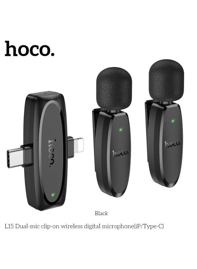 hoco. L15 Clip-On Wireless Digital Microphone – Dual Mic, iP & Type-C Compatible - Image 2