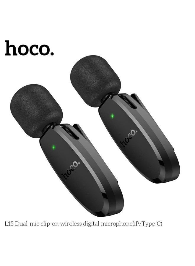 hoco. L15 Clip-On Wireless Digital Microphone – Dual Mic, iP & Type-C Compatible - Image 1