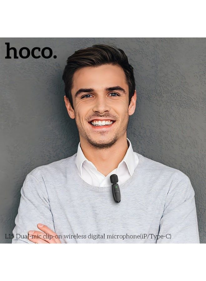 hoco. L15 Clip-On Wireless Digital Microphone – Dual Mic, iP & Type-C Compatible - Image 3