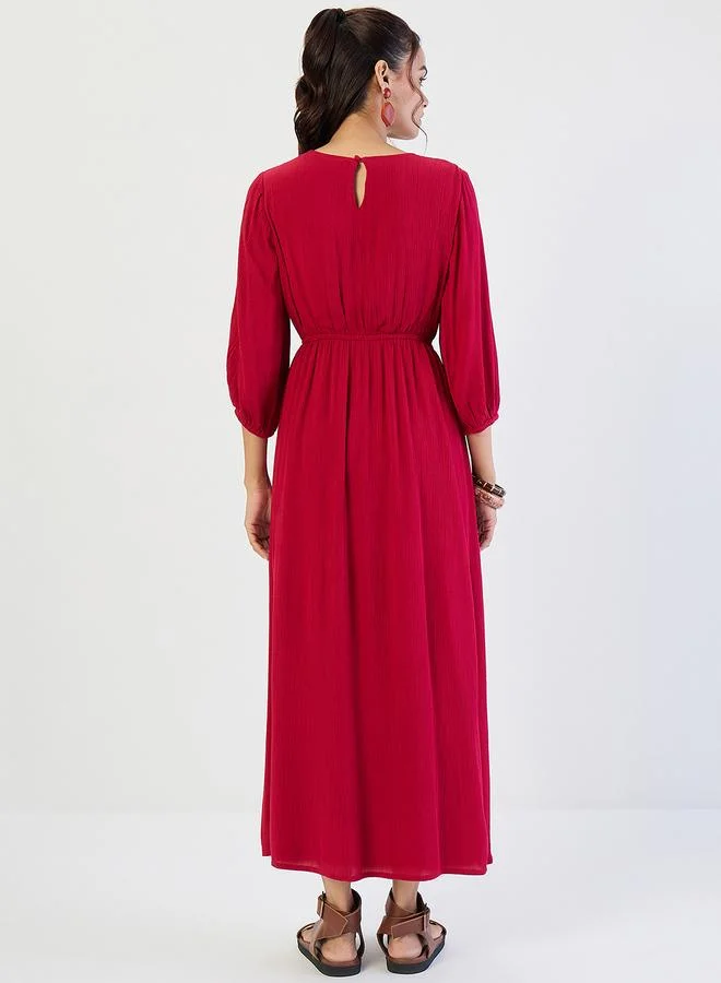 Femmella Deep Red Crinkled Round Neck Maxi Dress