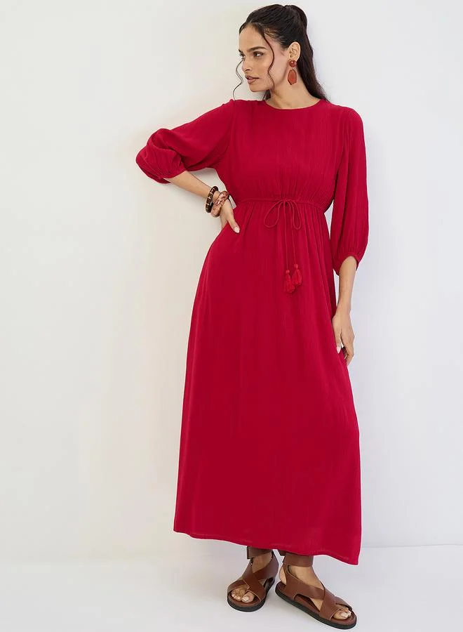 Femmella Deep Red Crinkled Round Neck Maxi Dress